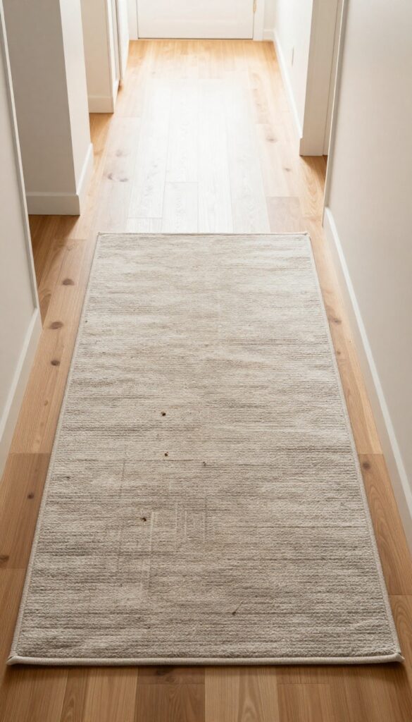 Area rug on wood floor in a hallway, protecting the floor from wear and tear