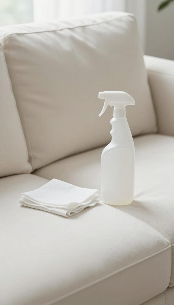 Enzyme cleaner spray bottle and cloth on a sofa for pet accident cleaning