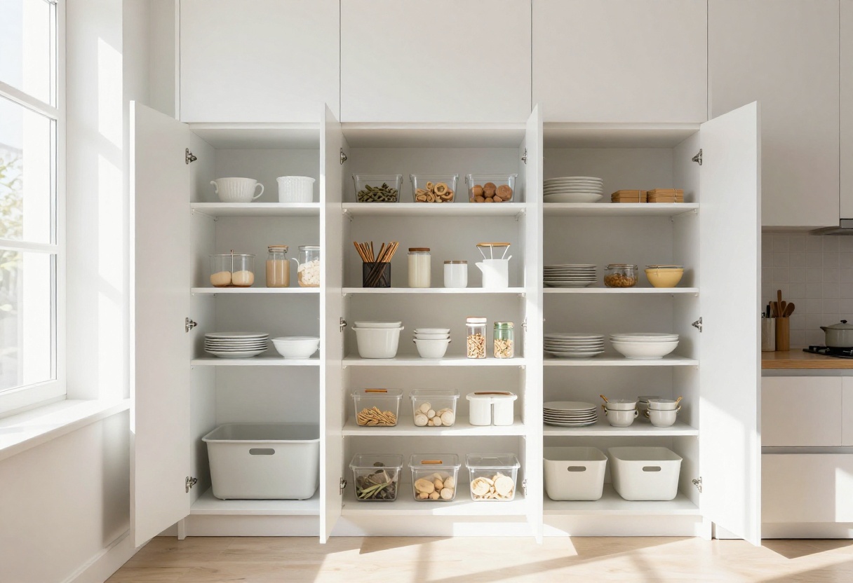 Organized kitchen cabinets with clear bins, pull-out shelves, and a lazy Susan