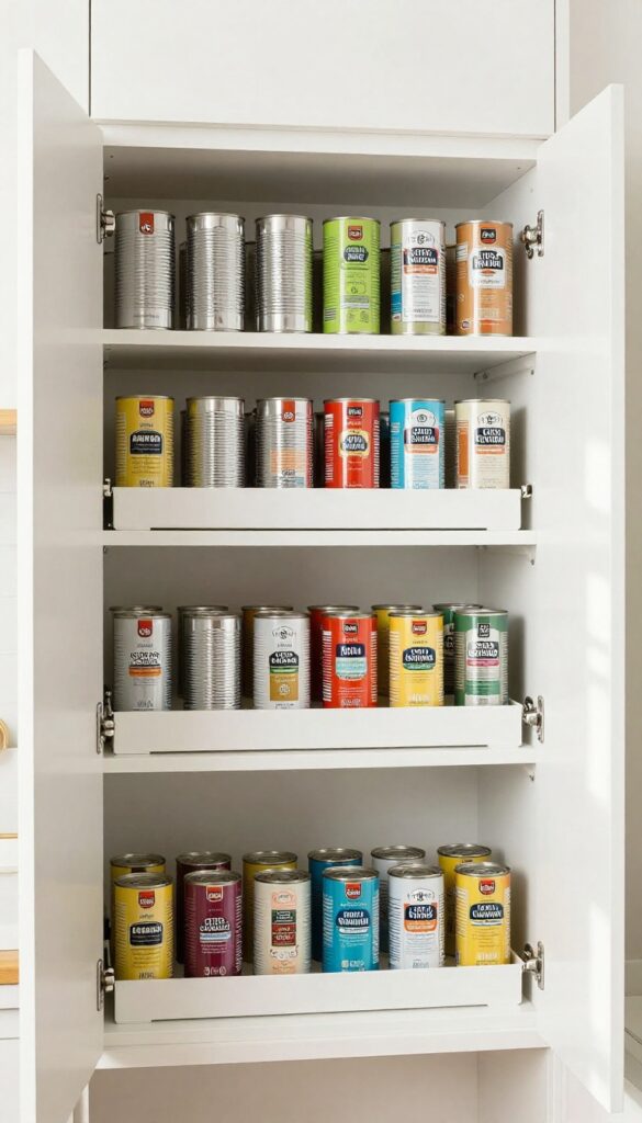 Organized kitchen pantry with stackable can racks holding canned goods in neat rows, pull-out rack visible, bright natural light.