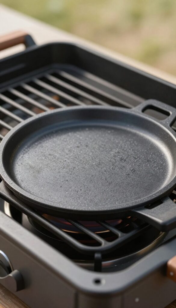 Hand holding a clean grease cup next to a blackstone griddle