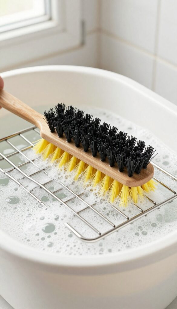 Oven rack soaking in soapy water with a scrub brush, bright natural light, clean bathroom background.