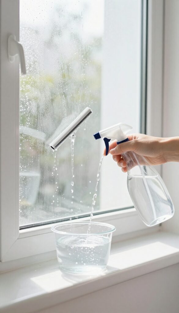 Person rinsing a window with distilled water spray bottle, squeegee nearby, bright natural light, spotless glass