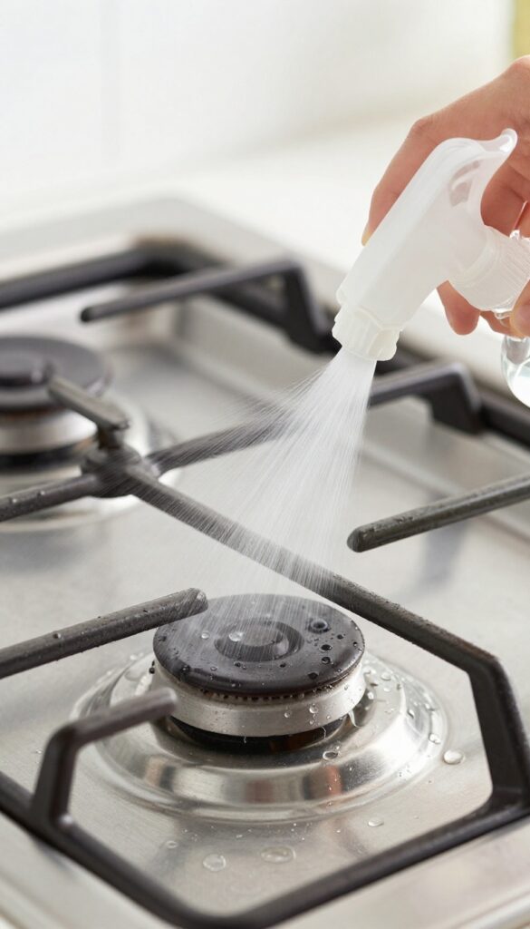 Spraying white vinegar and water solution on a stainless steel stove burner grate to degrease it