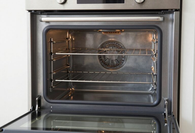 Clean oven interior with shiny racks and glass door