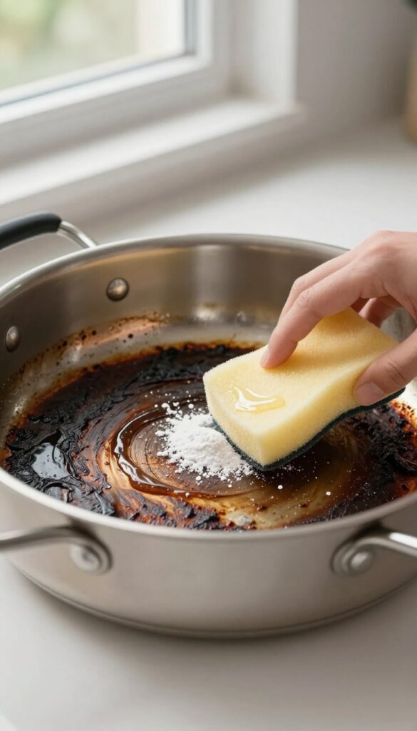 Bar Keepers Friend paste being applied to a burnt stainless steel pan