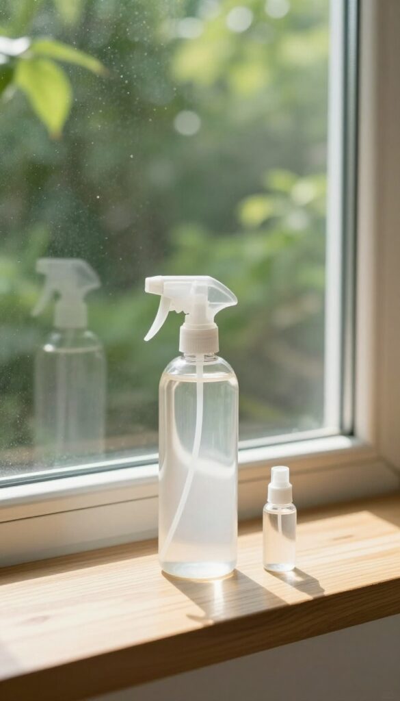 A clean window with a spray bottle and rubbing alcohol on the sill, reflecting a bright garden outside.