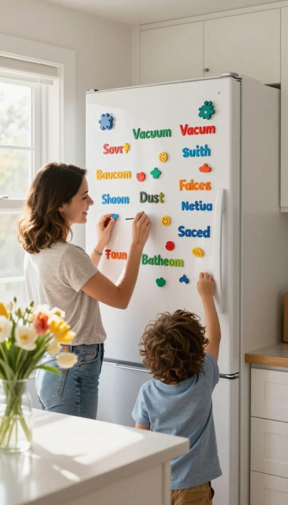 Family chore chart on refrigerator with rotating roles, mother and children assigning tasks