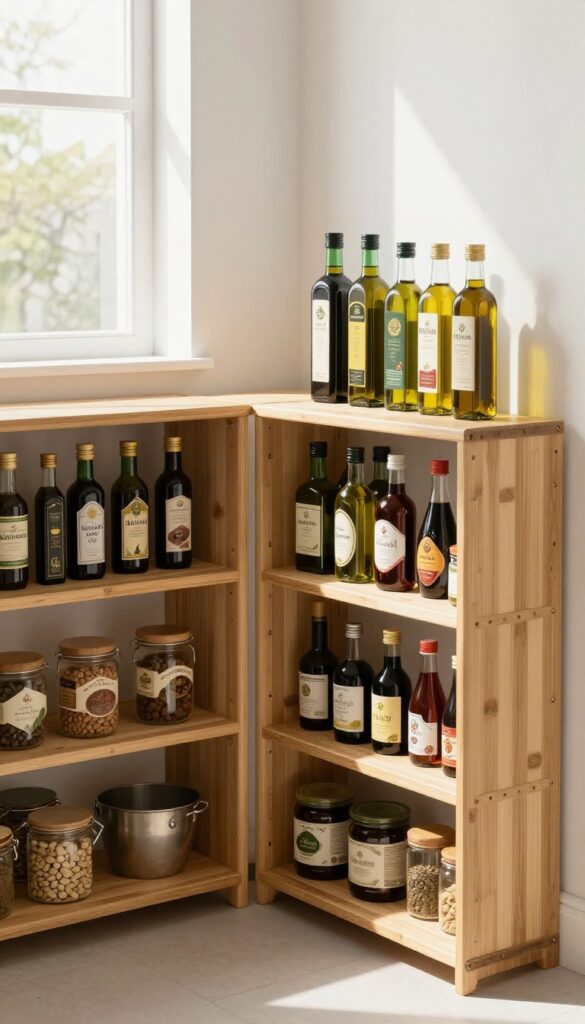 Deep corner pantry shelf with a bamboo lazy Susan holding cooking oils and spices