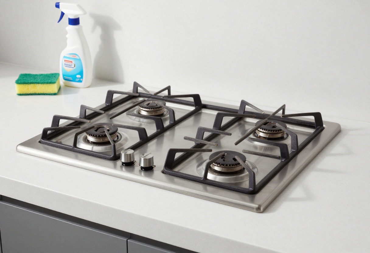 Clean gas stove with cleaning supplies on countertop