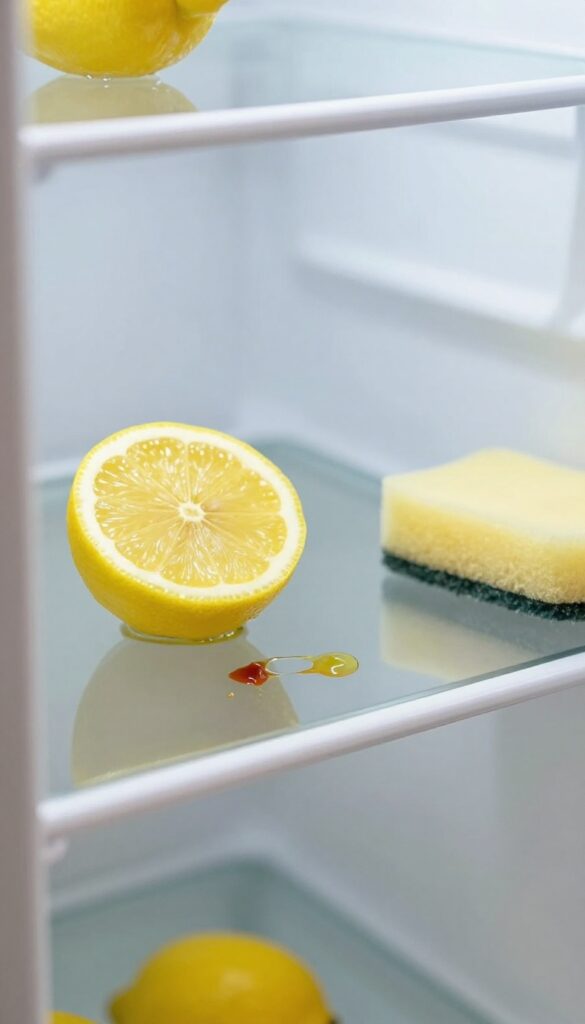 Cleaning a refrigerator shelf with lemon juice to remove tough stains