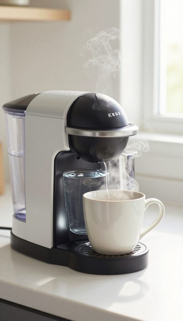 Keurig coffee maker with descaling solution in reservoir and mug on drip tray, bright kitchen setting