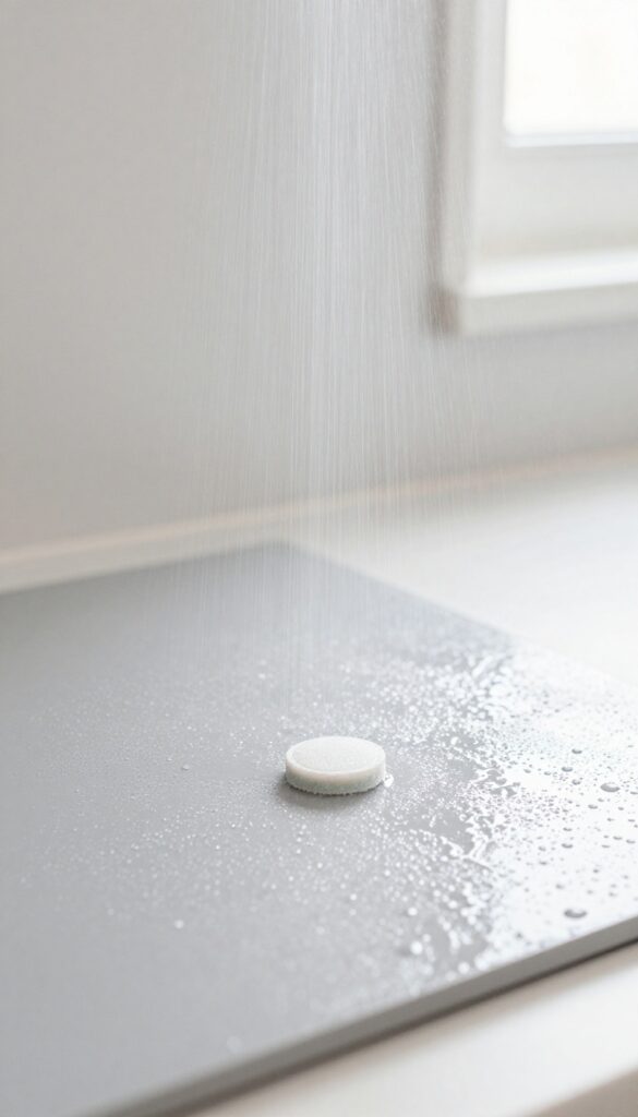 Close-up of a damp oven interior with water mist and a dishwasher tablet on the floor