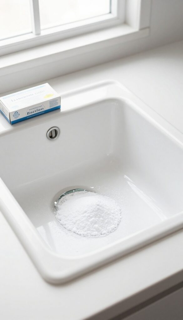 Baking soda next to a clean kitchen sink with a sponge