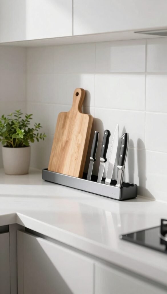 Magnetic knife strip mounted on tiled backsplash holding three knives, with cutting board and herbs on countertop