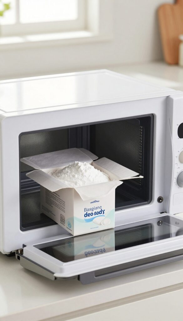 Open box of baking soda placed inside a clean microwave for overnight odor removal