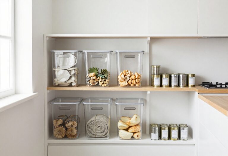 Organized pantry with clear bins and labeled shelves in natural light
