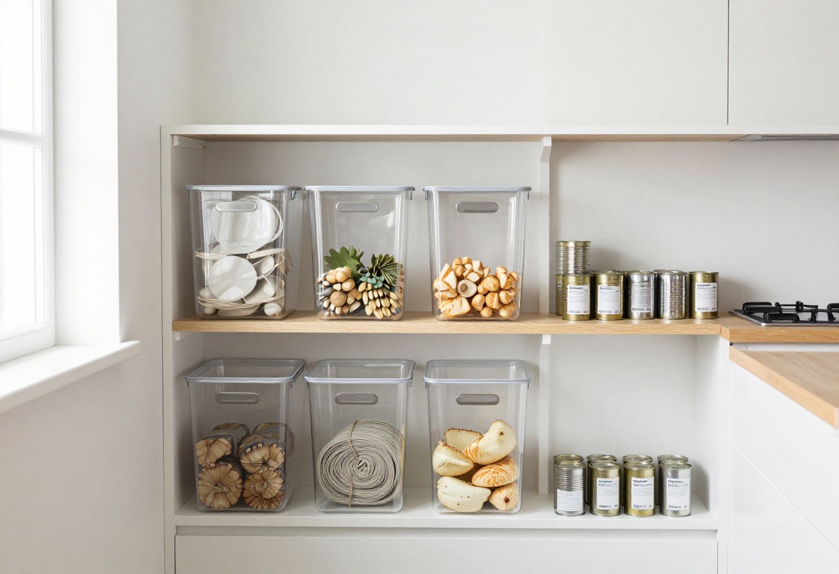 Organized pantry with clear bins and labeled shelves in natural light
