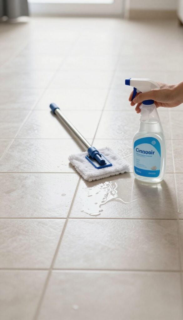 Cleaning ceramic tiles with vinegar and water solution using a spray bottle and microfiber mop