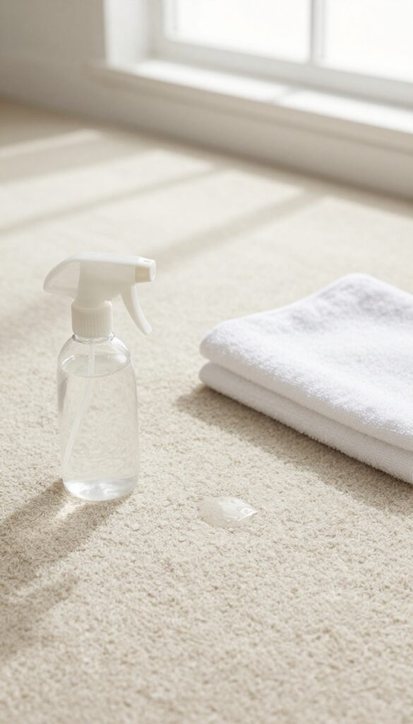 Close-up of a clean synthetic carpet with a spray bottle and towel, illustrating a borax and vinegar cleaning solution for tough odors.