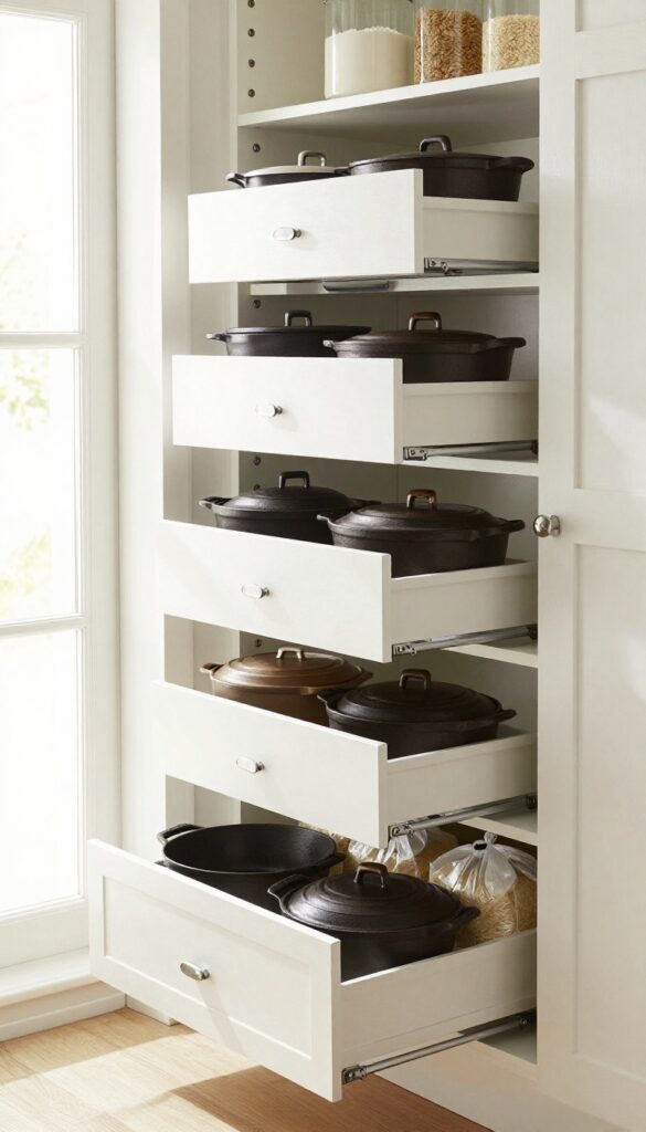 A kitchen pantry with pull-out drawers and sliding baskets, showing organized cookware and bulk food items.