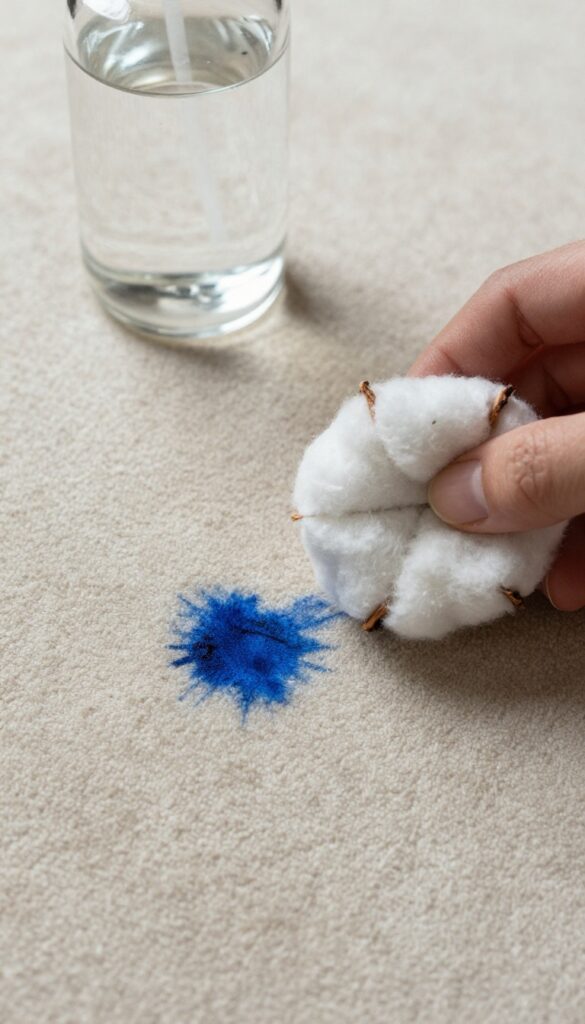Cleaning ink stain from carpet with rubbing alcohol and cotton ball