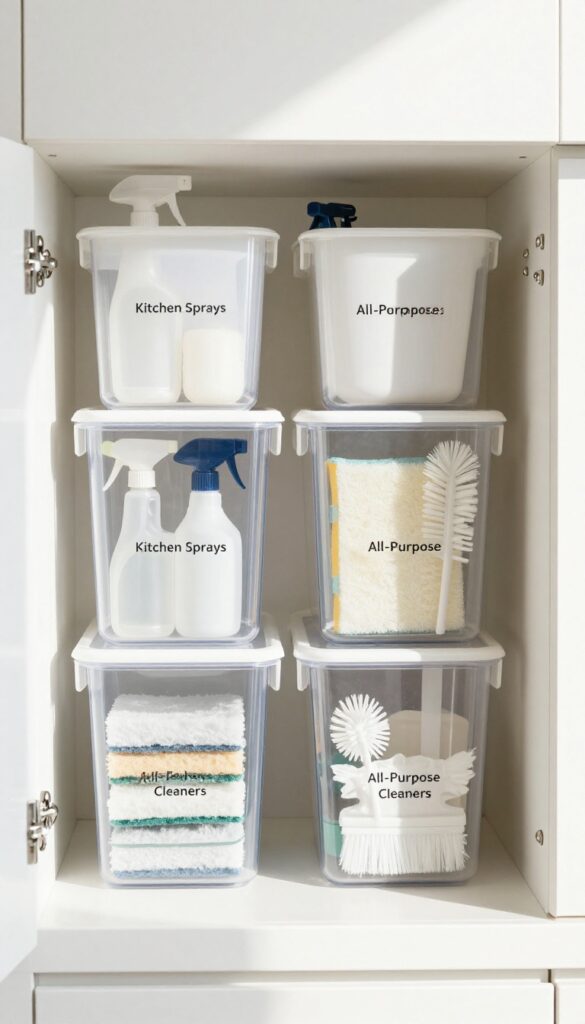 Clear storage bins with labels organizing cleaning supplies in a cabinet