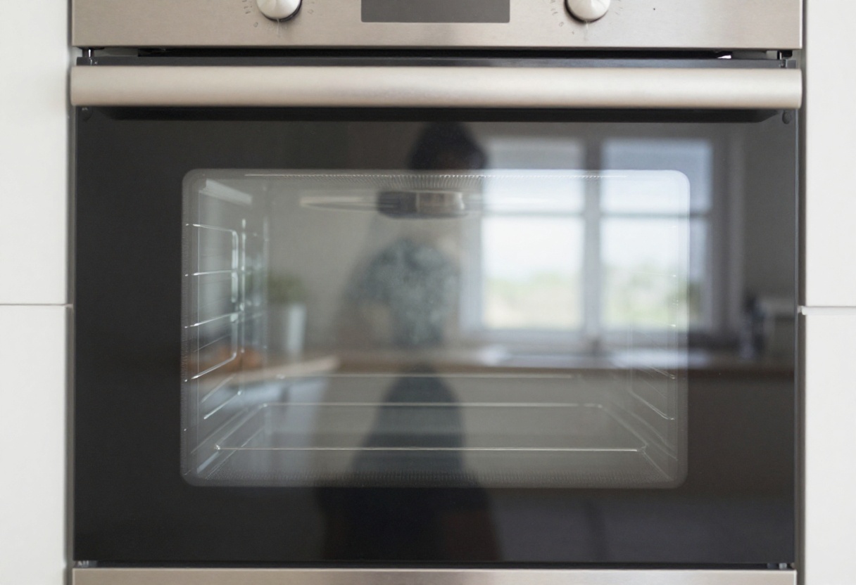 Clean oven door glass reflecting a bright kitchen