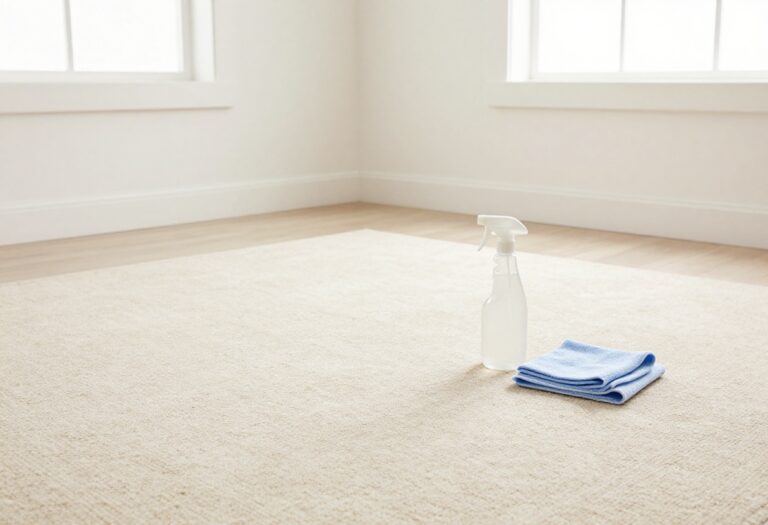 Clean beige carpet with cleaning supplies on floor