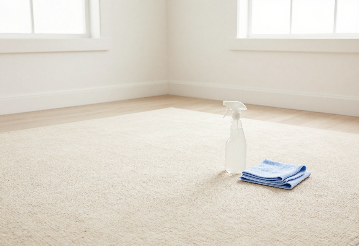 Clean beige carpet with cleaning supplies on floor