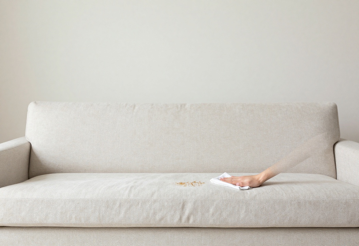 Person cleaning a microfiber couch with a cloth