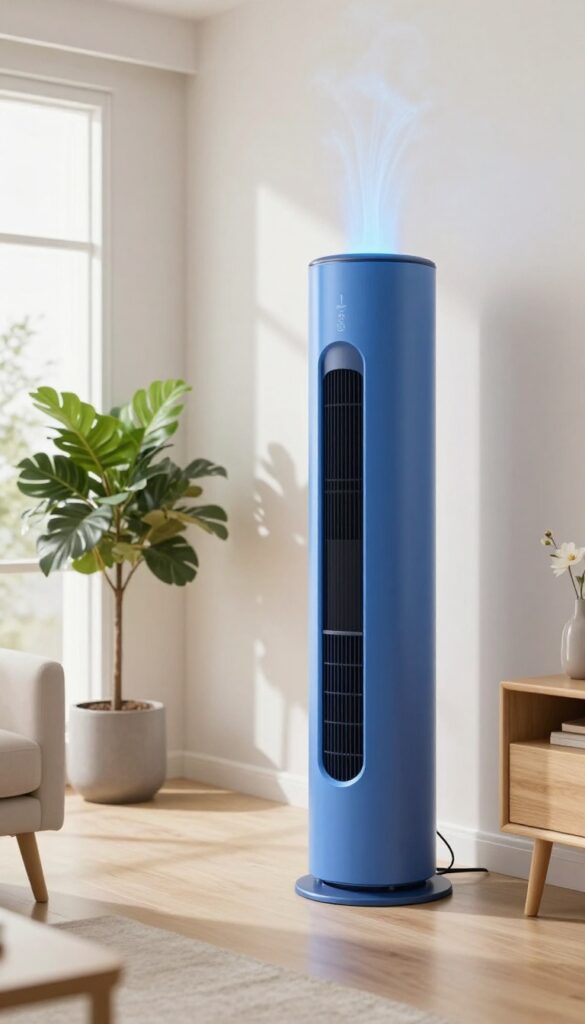 Whole-house air purifier installed in ductwork, emitting UV light in a bright, clean living room
