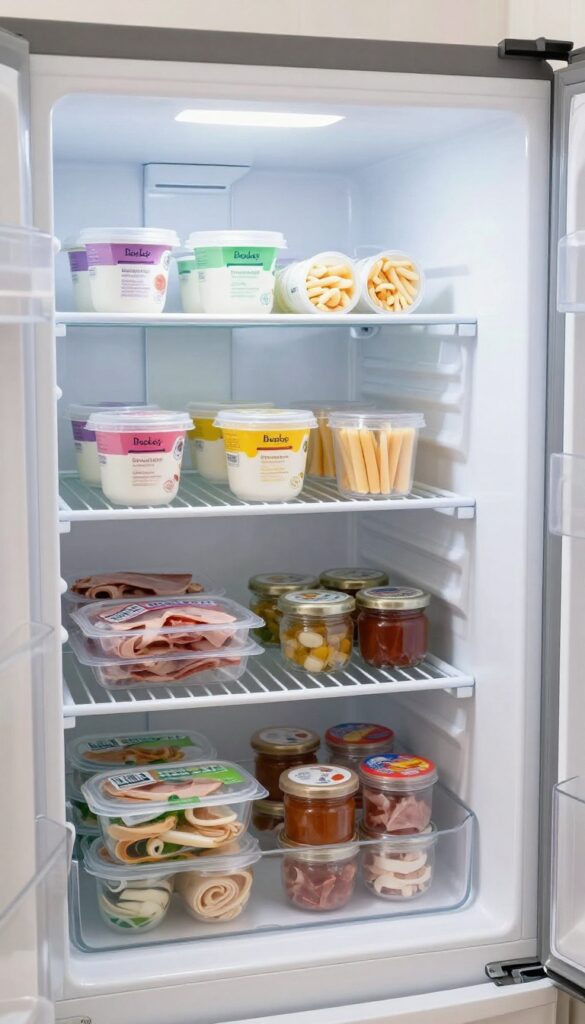 Fridge shelf extender organizing small containers and yogurt cups on two tiers inside a clean refrigerator