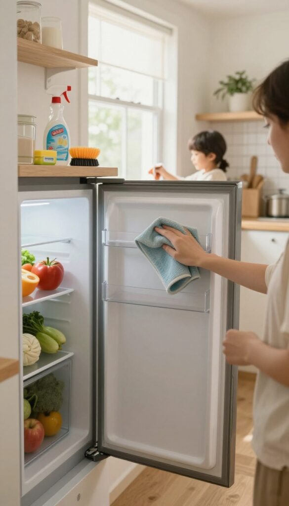 Person deep cleaning refrigerator while child dusts baseboards in bright kitchen