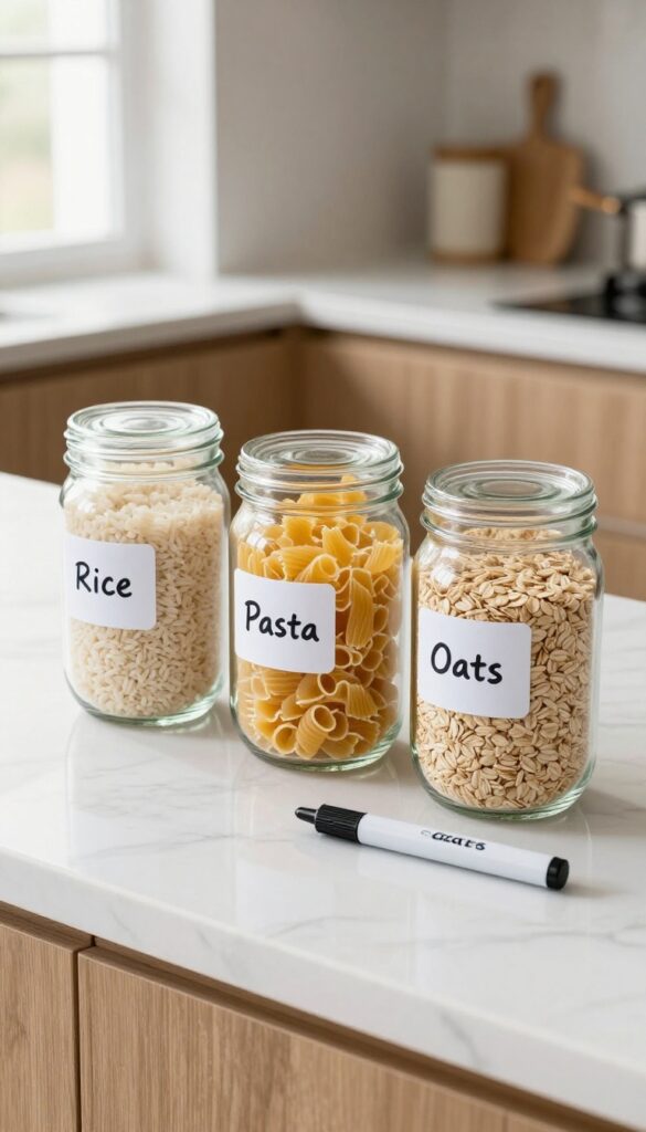 Glass jars with dry erase labels for rice, pasta, and oats on a marble countertop