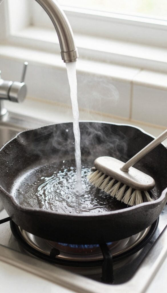 Rinsing a cast iron skillet with hot water in a kitchen sink