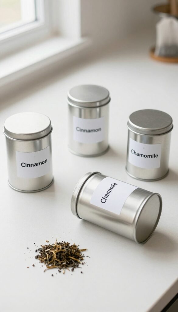 Metal containers with magnetic labels on a kitchen counter