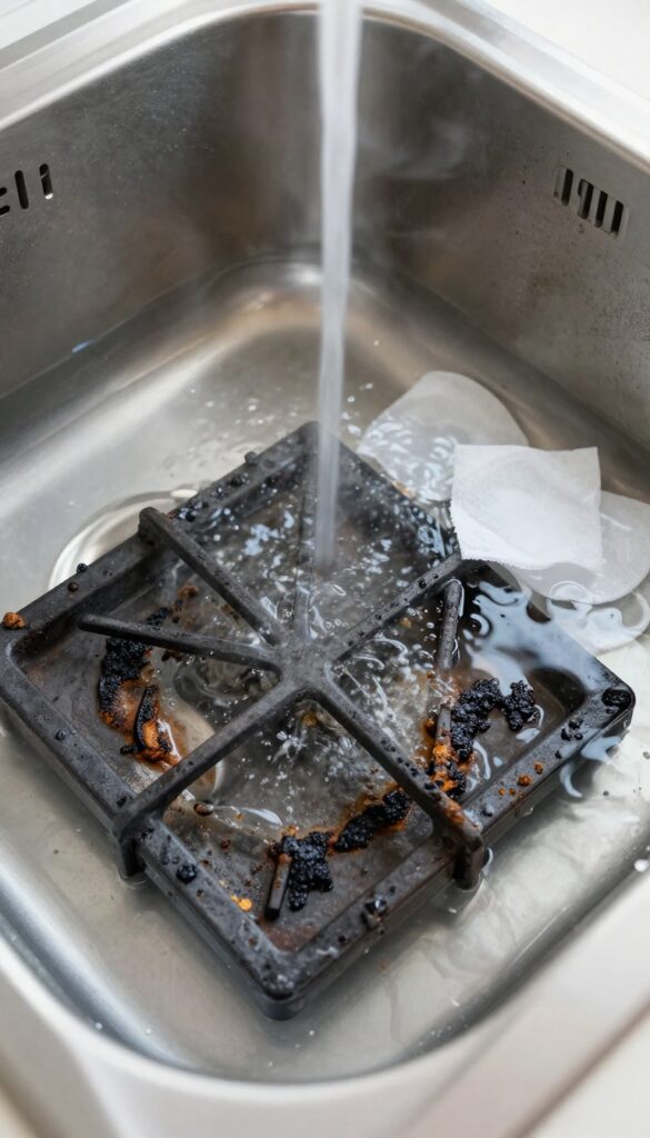 Stove grates soaking in hot water with used dryer sheets to loosen burnt-on grease