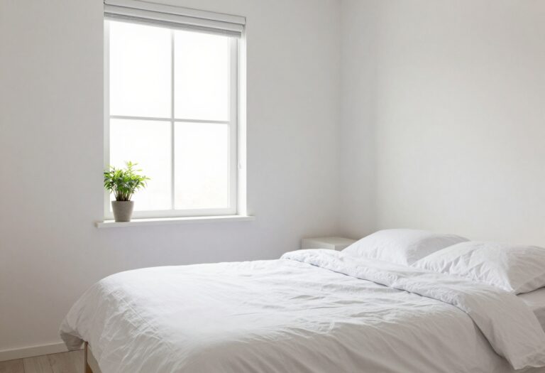 A clean and organized bedroom with a made bed, tidy nightstand, and a small plant, bathed in natural light.