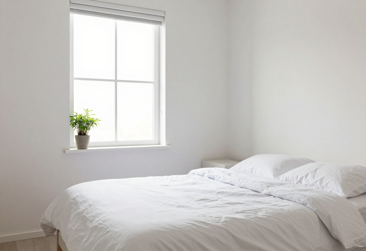 A clean and organized bedroom with a made bed, tidy nightstand, and a small plant, bathed in natural light.