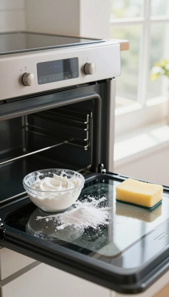 Salt and baking soda scrub paste in a bowl next to a crusty oven spill with a sponge, natural light