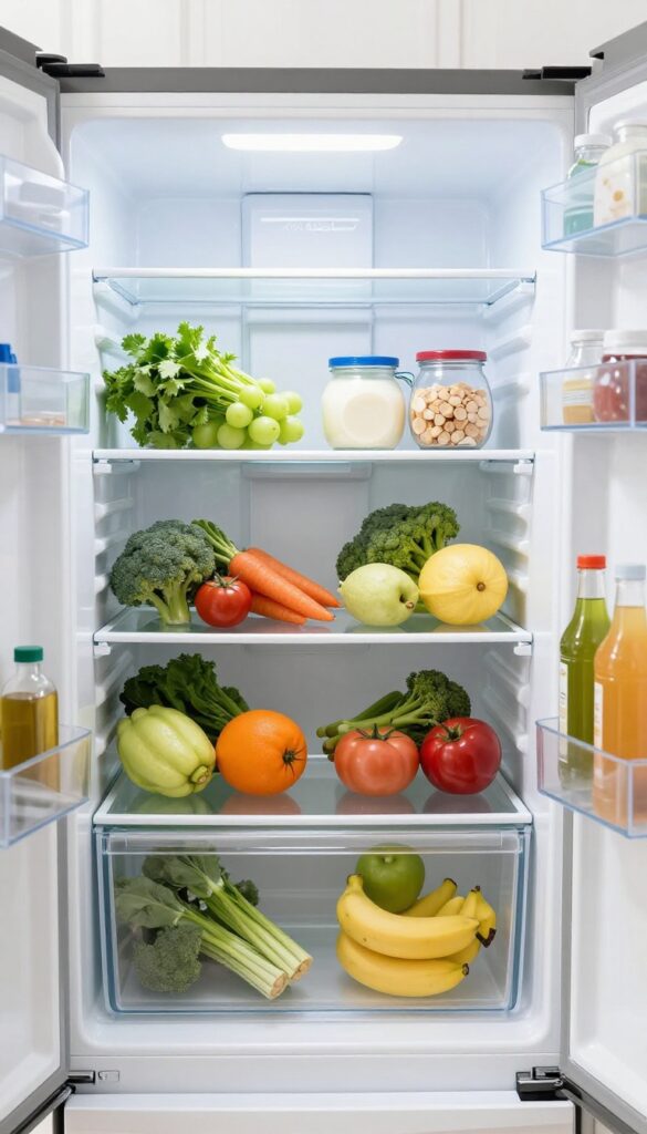 Organized refrigerator with clear bins and labeled leftovers after a clean-out