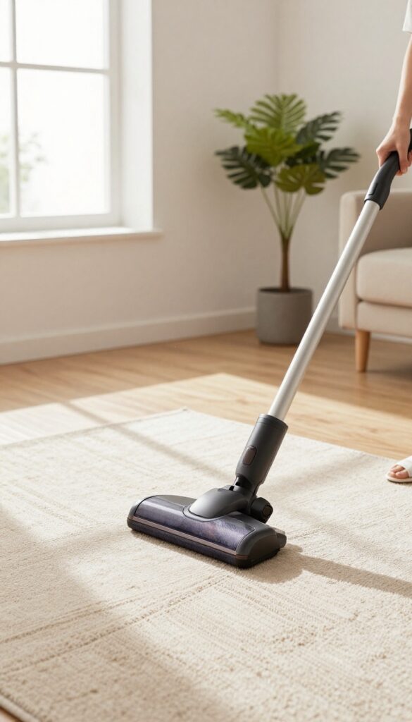 Person vacuuming a carpet in slow, overlapping passes in a bright, clean living room