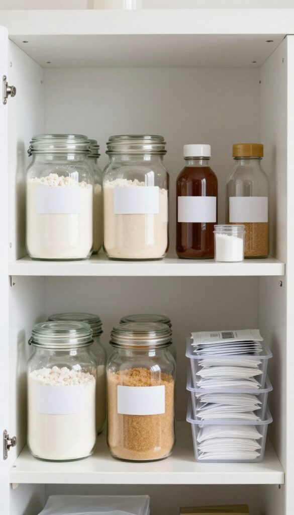 Organized baking essentials in clear containers on a pantry shelf