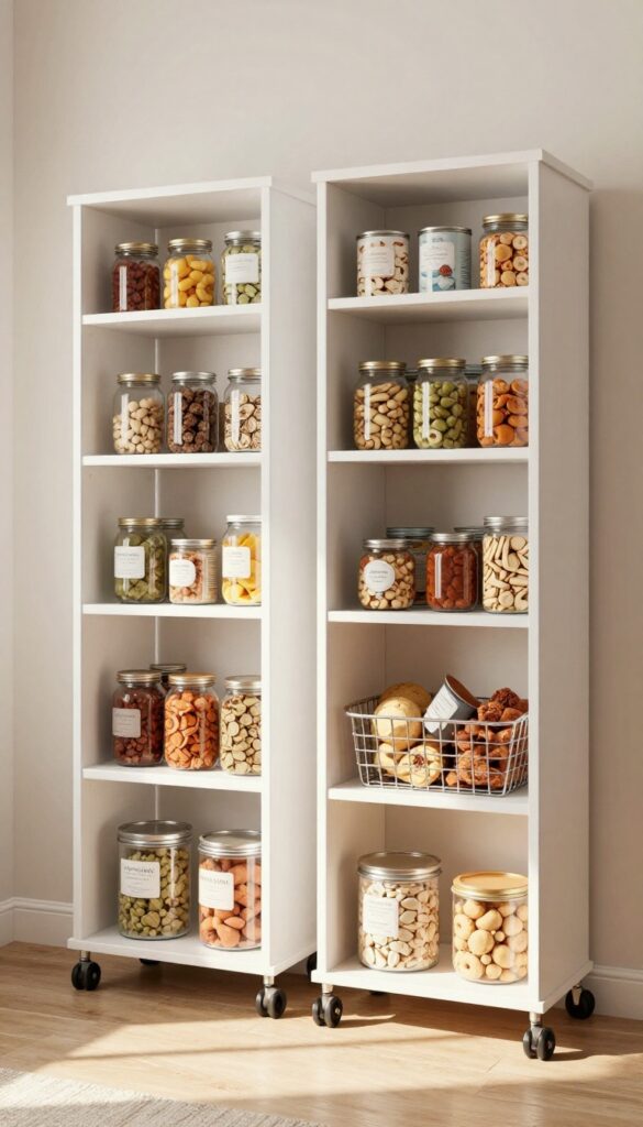 Narrow wire rolling cart in pantry filled with jars and cans, between shelves, natural light