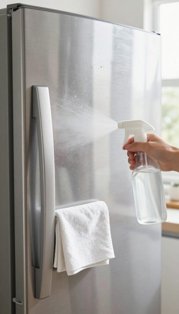 Spraying white vinegar and water solution on a stainless steel fridge for streak-free cleaning