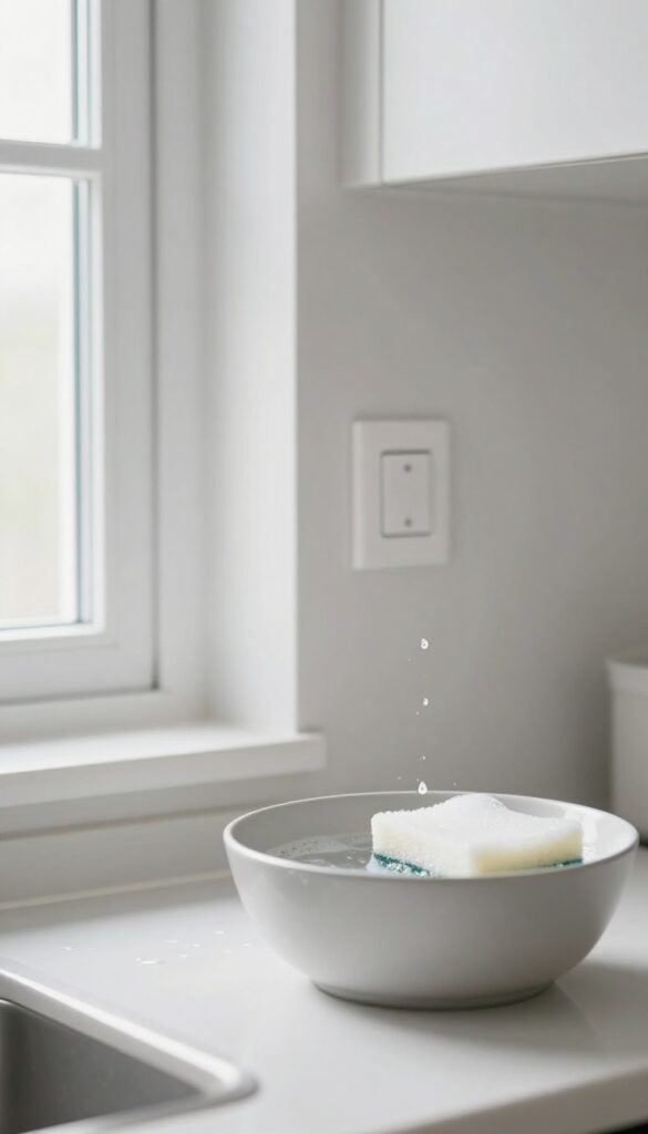 Cleaning greasy wall smudges with dish soap and warm water using a soft sponge