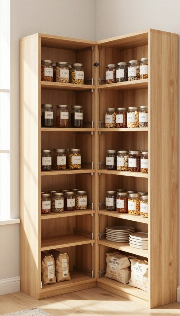 Corner pull-out shelves in a deep pantry cabinet, fully extended with organized food items.