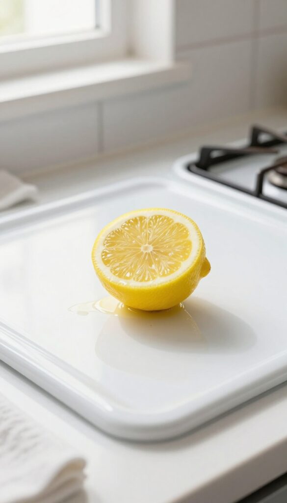 Close-up of a lemon half on a greasy stovetop, natural light, clean kitchen background.