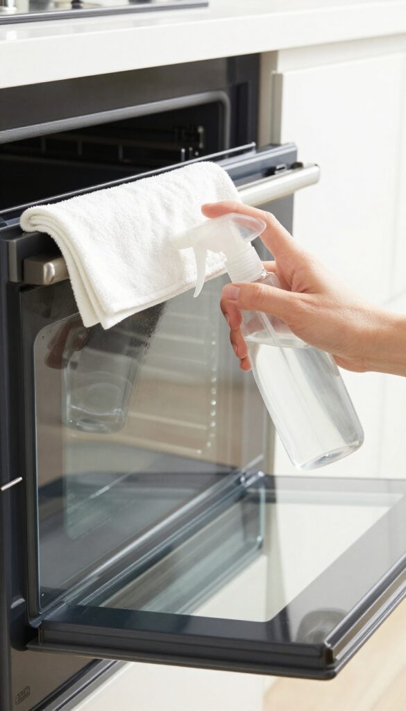 Hand spraying water and dish soap on oven glass door, with microfiber cloth nearby, bright natural light, clean composition